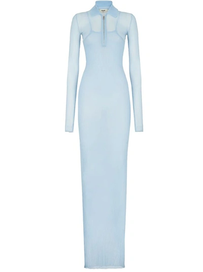 Shop Fendi Ribbed Silk Long Dress In Blue