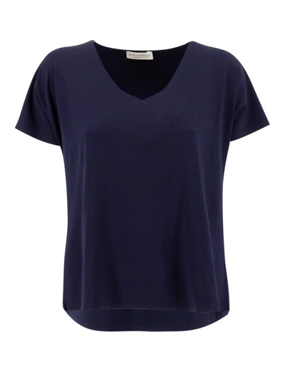 Shop Le Tricot Perugia Navy Viscose Elastane Blend V-neck T-shirt In Blue