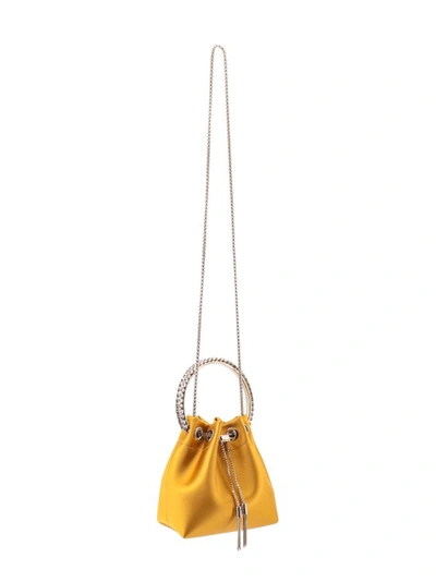 Shop Jimmy Choo Satin Bucket Bag With Crystals Detail In Yellow