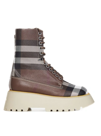 Shop Burberry Checked-pattern Leather Ankle Boots In Brown