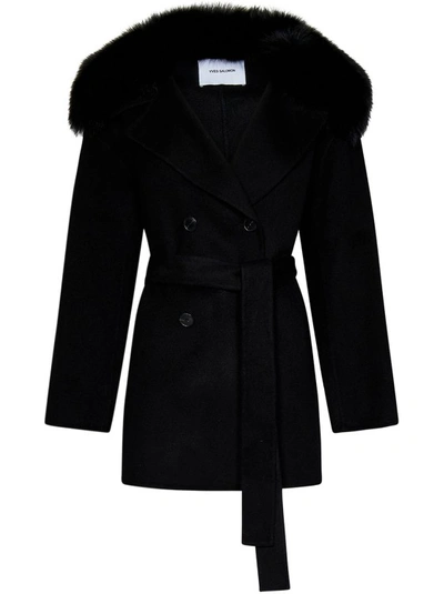 Shop Yves Salomon Double-breasted Black Coat