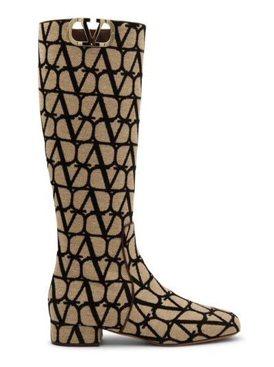 Shop Valentino Canvas Logo Boots In Brown