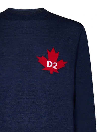 Shop Dsquared2 Blue Knit Sweater With Jacquard Leaf Logo