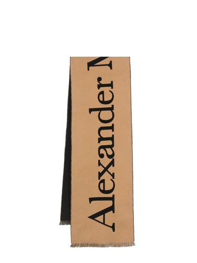 Shop Alexander Mcqueen Cotton Scarf With Oversize Logo In Brown