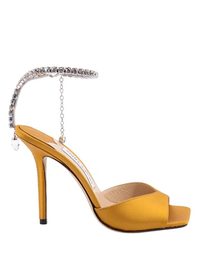 Shop Jimmy Choo Satin Sandals With Rhinestone Detail In Yellow