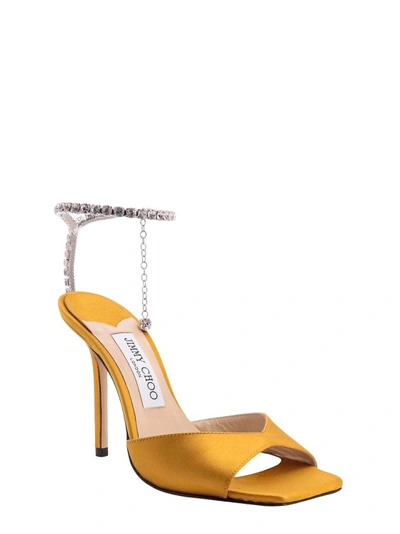 Shop Jimmy Choo Satin Sandals With Rhinestone Detail In Yellow