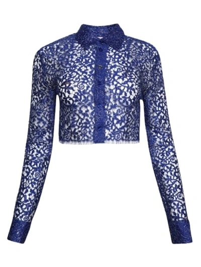 Shop Coperni Lace Cropped Shirt In Blue