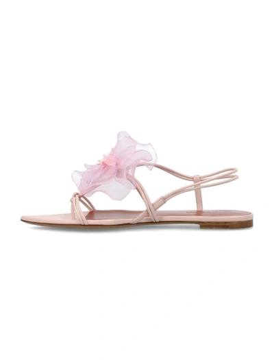 Shop Nensi Dojaka Pink Tulle Flowers Appliqué Thong Sandals