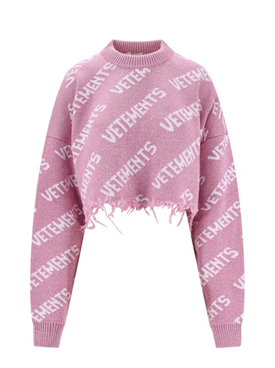 Shop Vetements Lurex Sweater With All-over Logo In Pink