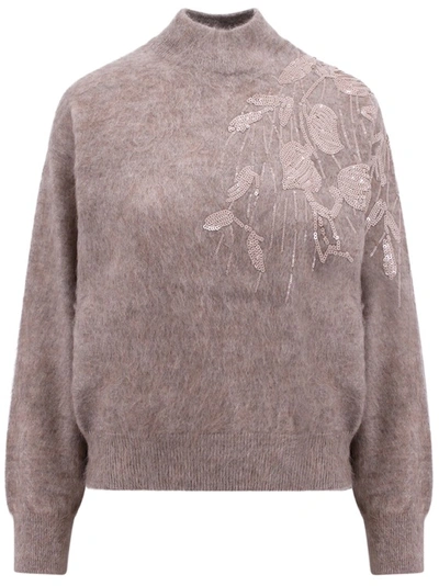 Shop Brunello Cucinelli Mohair Wool Sweater With Sequins Detail In Brown