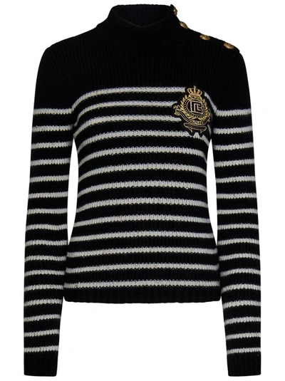 Shop Balmain Black And White Striped Knit Sweater