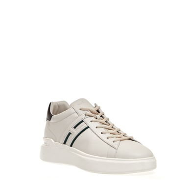 Shop Hogan White Leather And Green Rebel Sneakers In Neutrals