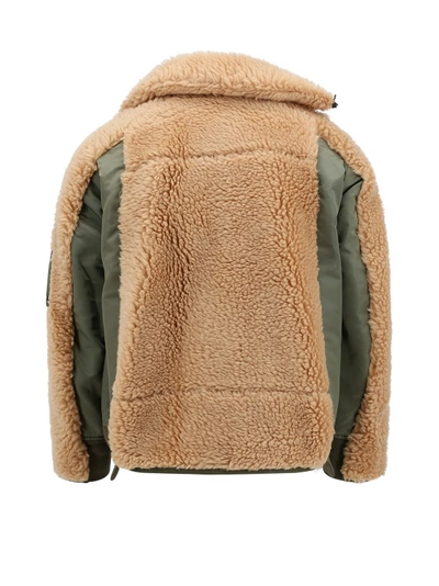 Shop Sacai Teddy Jacket With Nylon Inserts In Green