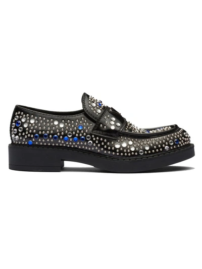 Shop Prada Rhinestone Leather Loafers In Black