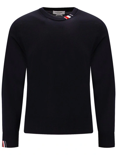 Shop Thom Browne Virgin Wool Sweater With Iconic Tricolor Details In Black