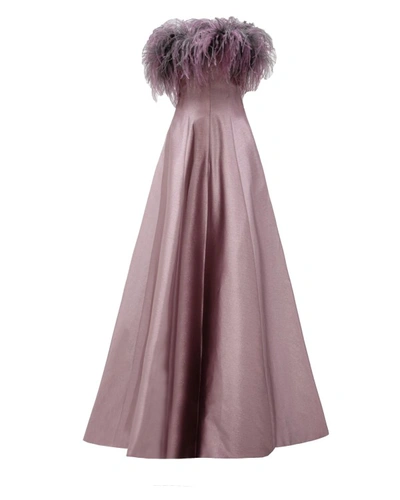 Shop Gemy Maalouf Off-shoulders Dress With Feathers - Long Dresses In Grey