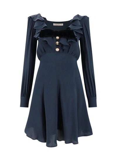 Shop Alessandra Rich Silk Blend Dress With Velvet Bow In Blue