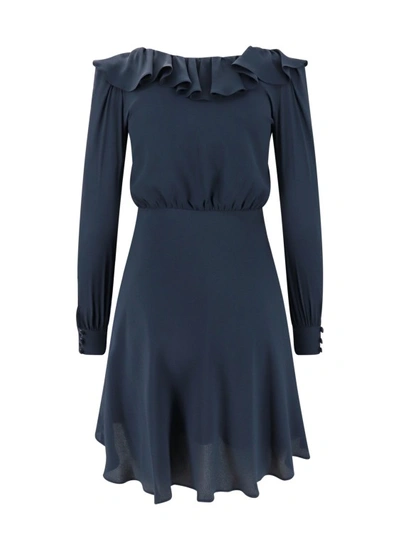 Shop Alessandra Rich Silk Blend Dress With Velvet Bow In Blue