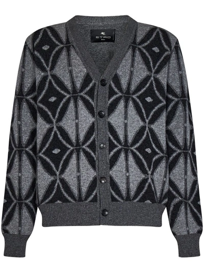 Shop Etro Light Gray Jacquard Virgin Wool Knit Cardigan In Grey