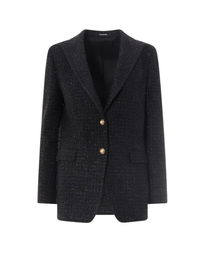 Shop Tagliatore Tweed Blazer With Gold Buttons In Black