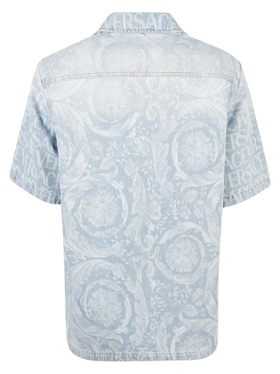 Shop Versace Allover Logo-print Denim Shirt In Blue