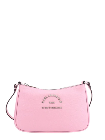 Shop Karl Lagerfeld Leather Shoulder Bag With Frontal Metal Logo In Pink