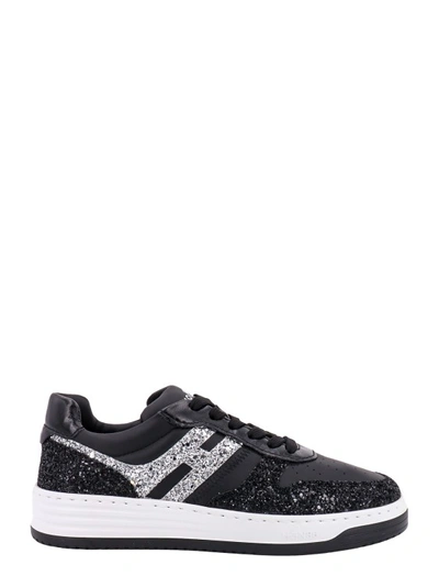 Shop Hogan Leather Sneakers With Glitter Detail In Black