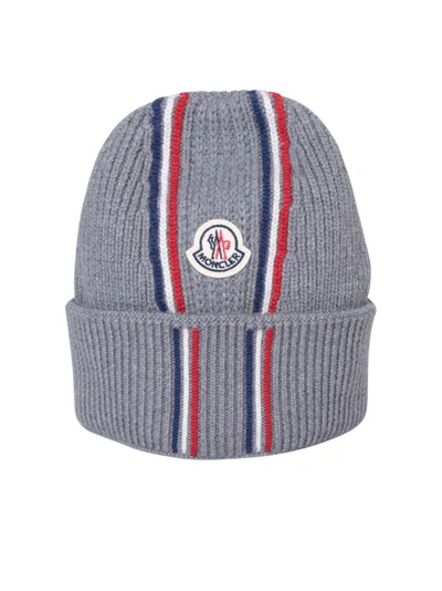 Shop Moncler Grey Ribbed Wool Beanie