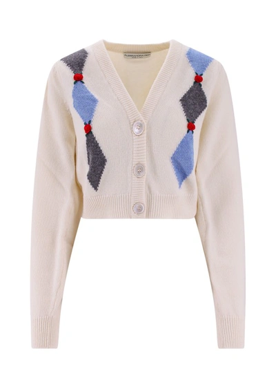 Shop Alessandra Rich Wool Cardigan With Floral Embroideries In Neutrals