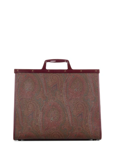 Shop Etro Red Paisley Jacquard Canvas Shopping Bag In Brown