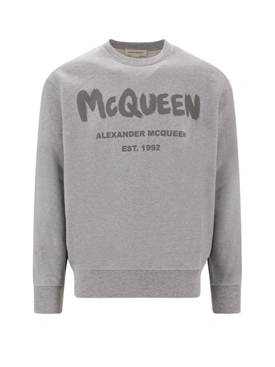 Shop Alexander Mcqueen Cotton Sweatshirt With Graffiti Logo In Grey