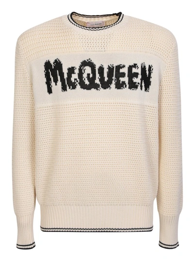 Shop Alexander Mcqueen Soft Cotton Knit Crewneck Sweater In Neutrals