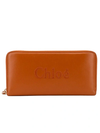 Shop Chloé Leather Wallet With Embroidered Logo In Orange