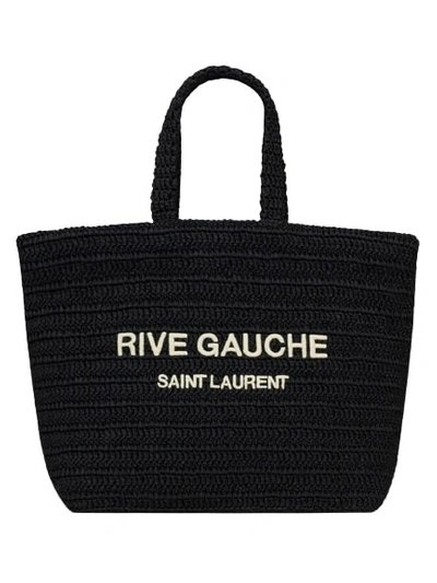Shop Saint Laurent Black Supple Raffia Crochet Tote