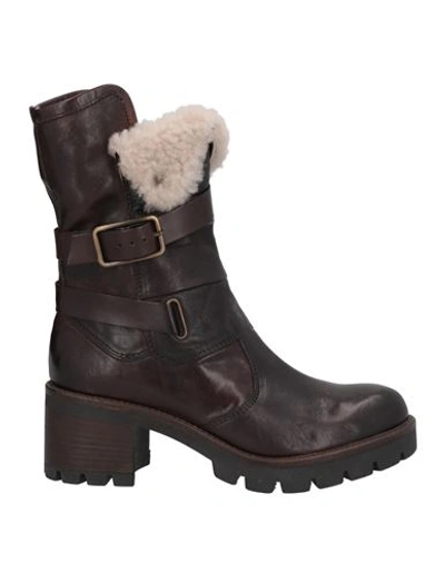 Paola Ferri Woman Ankle Boots Dark Brown Size 10 Soft Leather, Shearling In Brown