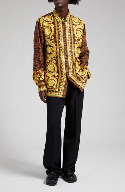 Shop Versace Baroccodile Print Silk Button-up Shirt In Caramel Black Gold