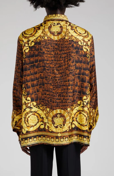 Shop Versace Baroccodile Print Silk Button-up Shirt In Caramel Black Gold