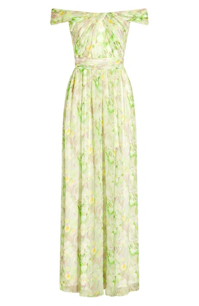 Shop Adrianna Papell Off The Shoulder Chiffon Gown In Spring Mint Multi