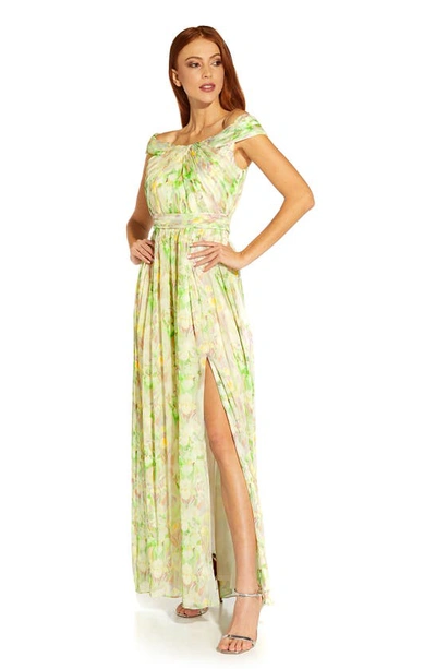 Shop Adrianna Papell Off The Shoulder Chiffon Gown In Spring Mint Multi
