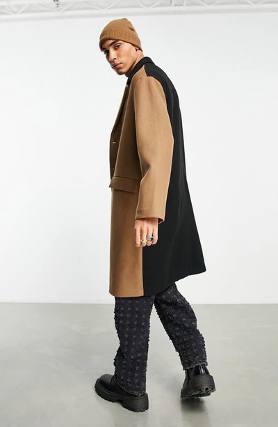 Topman Unlined Over Coat With Color Block In Stone And Black-multi In Stone Multi