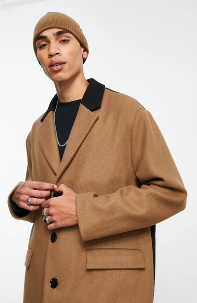 Topman Unlined Over Coat With Color Block In Stone And Black-multi In Stone Multi