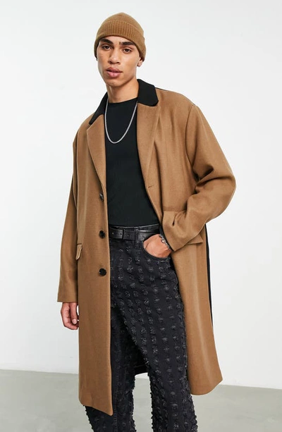 Topman Unlined Over Coat With Color Block In Stone And Black-multi In Stone Multi