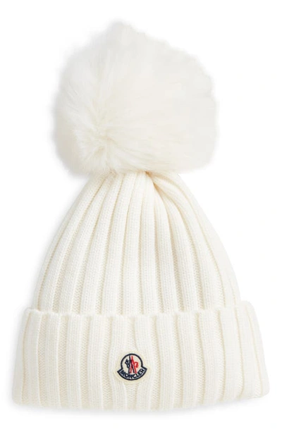 Shop Moncler Virgin Wool Rib Beanie With Faux Fur Pompom In White