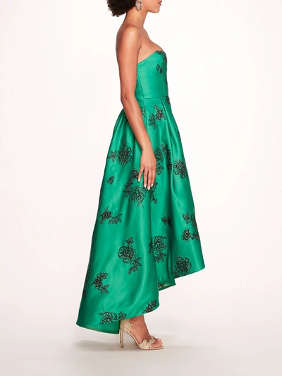 Shop Marchesa Strapless Marigold Gown In Emerald Combo