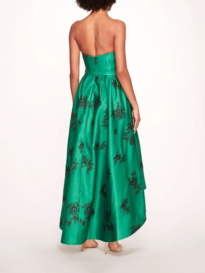 Shop Marchesa Strapless Marigold Gown In Emerald Combo