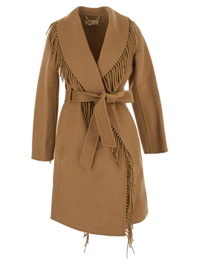 Shop Michael Michael Kors Wool Fringed Coat In Beige