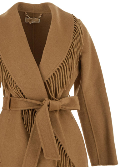 Shop Michael Michael Kors Wool Fringed Coat In Beige