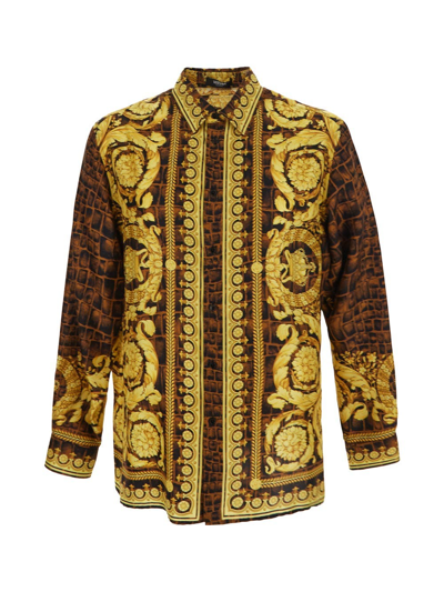 Shop Versace Baroccodile Silk Shirt In Brown
