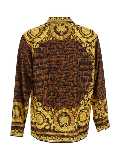 Shop Versace Baroccodile Silk Shirt In Brown
