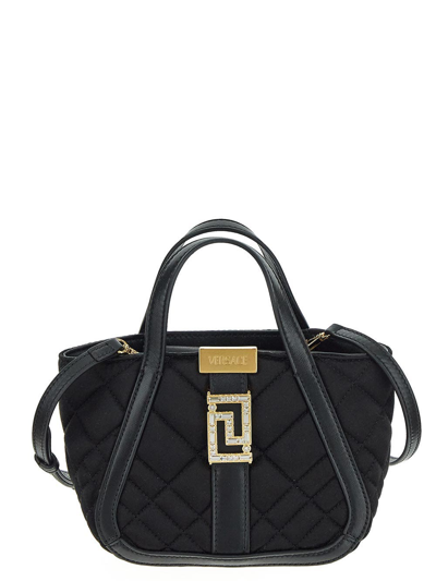 Shop Versace Crystal Greca Goddess Satin Mini Bag In Black